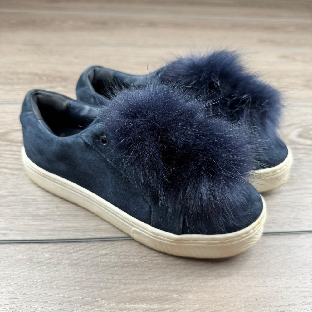 Sam Edelman Women Sneaker Leya Faux Fur Pom Pom Suede Navy Blue 5.5M